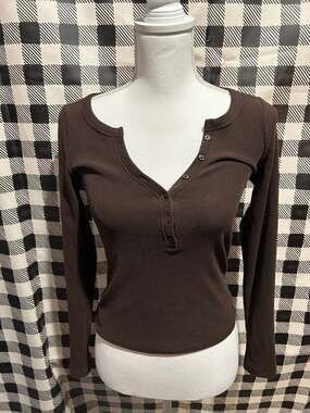 Hollister Brown Ribbed Long Sleeve Henley Top Size Small